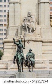 Monument of Miguel Cervantes on Plaza de Espana in Madrid, Spain. The writer is accompanied by Don Quijote and Sancho Panza.