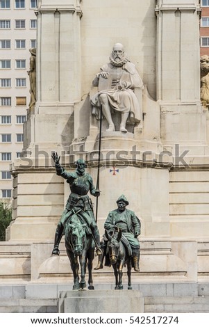Monument of Miguel Cervantes on Plaza de Espana in Madrid, Spain. The writer is accompanied by Don Quijote and Sancho Panza.