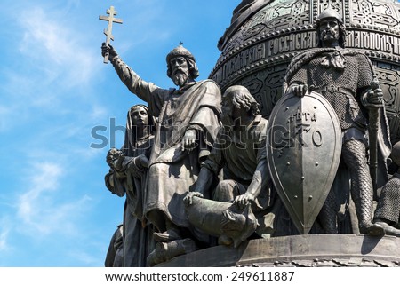 Monument to Millennium of Russia in Veliky Novgorod, Russia. It is tourist attraction of Novgorod the Great (Veliky Novgorod). Statue of Grand Prince Vladimir with cross. Sightseeing and travel theme