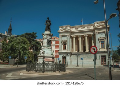 Monument On Street In Front The West Facade Of Casón Del Buen Retiro, An Annex Of The Prado Museum Complex In Madrid. Capital Of Spain This Charming Metropolis Has Vibrant And Intense Cultural Life.