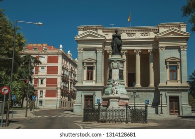 Monument On Street In Front The West Facade Of Casón Del Buen Retiro, An Annex Of The Prado Museum Complex In Madrid. Capital Of Spain This Charming Metropolis Has Vibrant And Intense Cultural Life.