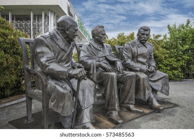 Monument To Stalin, Roosevelt And Churchill Set In The City Of Yalta, Crimea, Russia, June 19, 2015