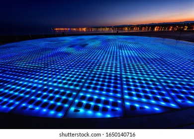 Monument to the sun or Greeting to the sun (Pozdrav suncu), a circle from glass solar plates in Zadar at night, Croatia. Scenic landscape of popular tourist attraction, outdoor travel background - Shutterstock ID 1650140716