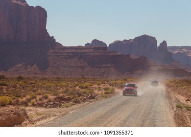 Monument Valley, Arizona, USA- 02 September 2017: Off- Road On A Duty Road Through The Monument Valley. Tour To The Landmarks Of The Wild West USA. Navajo Tribal Park.