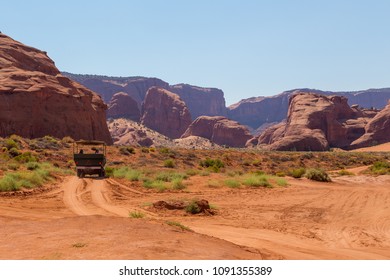 Monument Valley, Arizona, USA- 02 September 2017: Off- Road On A Duty Road Through The Monument Valley. Tour To The Landmarks Of The Wild West USA. Navajo Tribal Park.