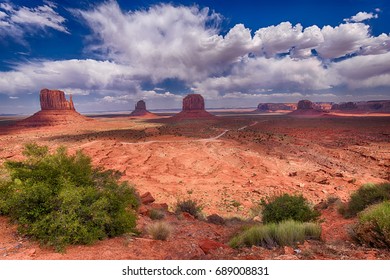 Monument Valley, barren lands and deserts on the border between Arizona and Utah in United States Of America