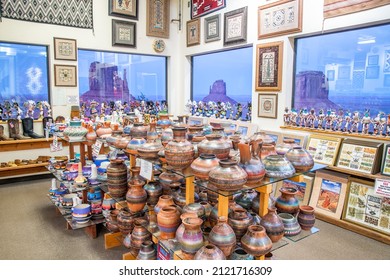 MONUMENT VALLEY, USA - JUNE 25, 2018: Souvenir Shop Interior With Monument Valley Sunset View