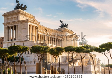 Monument to Victor Emmanuel II or Vittoriano, Rome, Italy. It is landmark of Rome. Beautiful view of Memorial of Vittorio Emanuele in sunset light. Nice scenery of Roma city. Sightseeing, travel theme