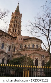 Monumental Bell Tower And Brick Abside (back) Of The Basilica Of Saint-Sernin In Toulouse, France, A Medieval UNESCO World Heritage Site And The Biggest Romanesque Church In Europe, On Saint James Way