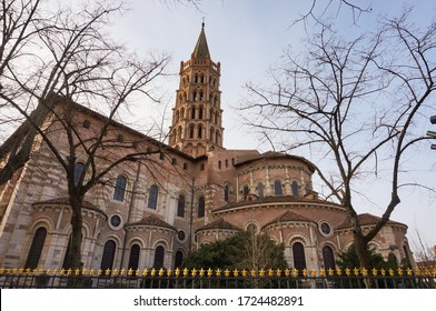 Monumental Bell Tower And Brick Abside (back) Of The Basilica Of Saint-Sernin In Toulouse, France, A Medieval UNESCO World Heritage Site And The Biggest Romanesque Church In Europe, On Saint James Way