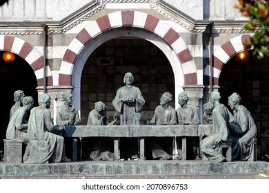 Monumental Cemetery.  Campari tomb by Giannino Castiglioni.The Last Supper, Jesus breaking bread. Bronze.  Milan. Italy.  - Shutterstock ID 2070896753