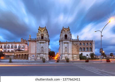 Monumental city gate Porta Felice in Palermo, water-side entrance of the main and most ancient street of the city Cassaro, Palermo, Sicily, southern Italy - Shutterstock ID 1377662411