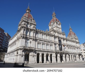Monumental city hall building on square in european A Coruna city at Galicia in Spain, clear blue sky in 2019 warm sunny summer day on September.