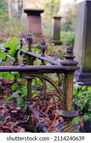 
Monuments, gravestones and rusted iron work in Sheffield general cemetery.