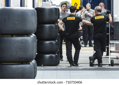 Monza, Italy. September 2, 2017. F1 Grand Prix Of Italy. Pirelli Tires And Technicians.