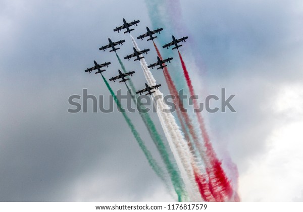 Monza, Italy. September 2, 2018. Grand Prix of\
Italy. F1 World Championship 2018. \'Frecce Tricolori\' italian\
acrobatic demonstration team, flying above circuit before grand\
prix start.