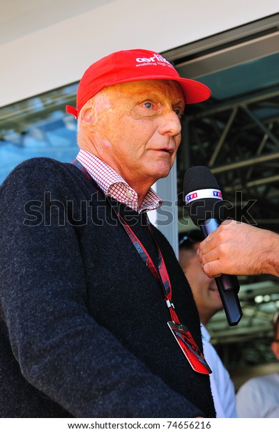 MONZA - SEPTEMBER 11: Formula 1 Driver, Nikki Lauda\
is talking to the press during the formula one on September 11,\
2010 in Monza, Italy