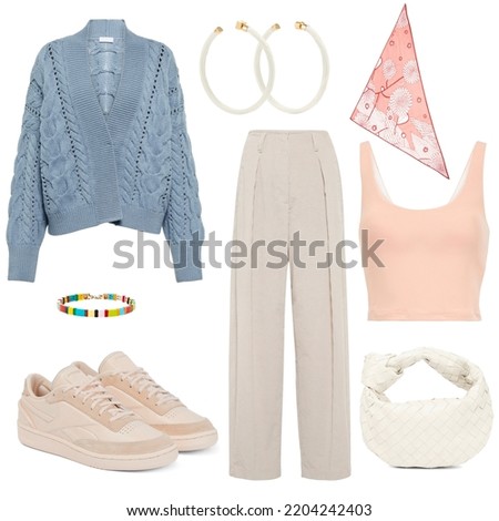 mood board fashion clothes, outfit, clothes collage, set of fashionable clothes and accesories, woman trendy fashion clothes collage on white, flat lay, top view 