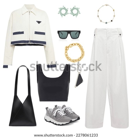 mood board fashion clothes, outfit, clothes collage, set of fashionable clothes and accessories, women's trendy fashion clothes collage on white, flat lay, top view