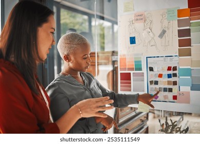 Moodboard, fashion designer and team with business people in office for visual merchandiser, swatch and textile. Creative director, portfolio and planning with women for boutique, fabric and startup - Powered by Shutterstock