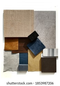 Moodboard. Material samples. Blue, orange, grey, light wood. - Shutterstock ID 1853987206