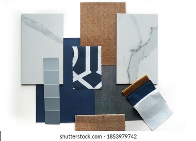 Moodboard. Material samples. Blue, white, warm wood, marble stone.