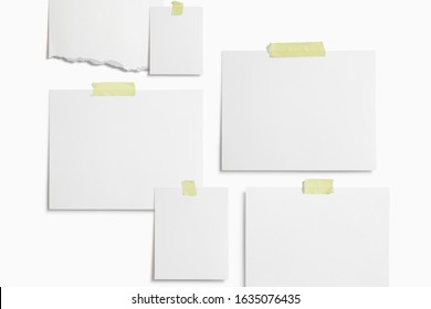 Moodboard Template Composition With Blank Photo Cards, Torn Paper, Polaroid Frame Glued With Yellow Adhesive Tape And Isolated On White For Easy Editing.