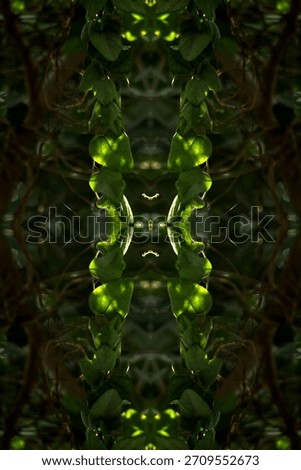 Moody abstract background featuring a mirror effect of jungle leaves at night. Creative organic texture ideal for cinematic concepts, luxury branding, and mystic web designs.
