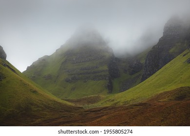 Moody, atmospheric landscape with misty low cloud at Dun Dubh of the Quiraing on the Isle of Skye in the Scottish Highlands, Scotland.
