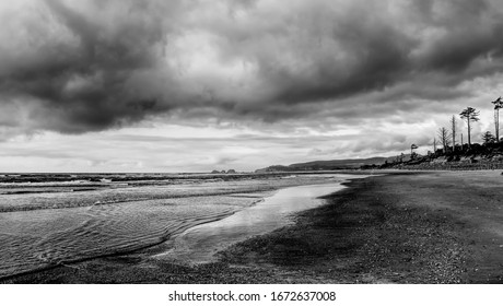 Moody black and white oregon coastline on cloudy day