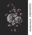 moody bouquet of white and pink garden flowers and wildflowers against a dark background, floral arrangement with carnation, rose, jasmine, clover, center design element for cards, covers, packaging 