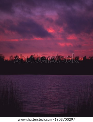 moody firey sunset over a small lake with reeds