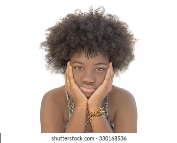 Moody Girl Holding Her Head In Her Hands, Isolated