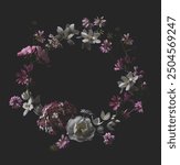  moody pink and white floral wreath with hydrangea, rose flower, jasmine and wildflowers isolated over a dark background, romantic summer nights or garden design element