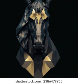 Moody portrait photo of low poly black horse art from head to chest with a touch gold foil geometric pattern