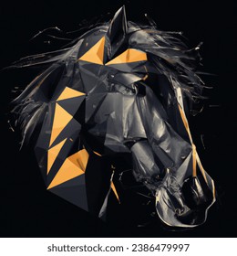 Moody portrait photo of low poly black horse art from head to chest with a touch gold foil geometric pattern