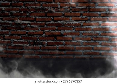 Moody red brick wall with dramatic smoke fog backdrop.