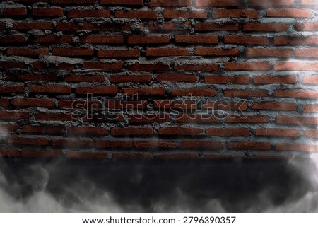 Moody red brick wall with dramatic smoke fog backdrop.