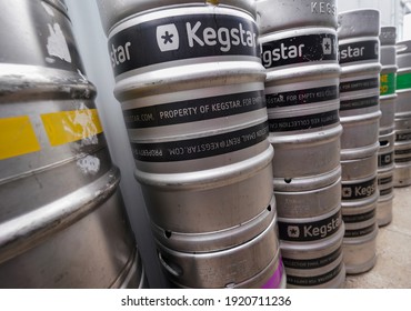 Mooloolaba, Queensland Australia - January 13 2020: Numerous Beer Kegs Piled Up  At The Wharf Mooloolaba