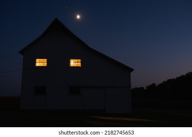 The Moon Above A Barn In Rural Missouri.