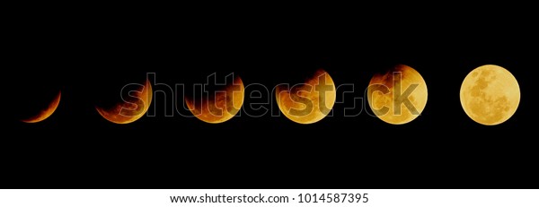 The moon after total eclipse ends in the different\
time on the dark night background in Chonburi, Thailand on January\
31, 2018