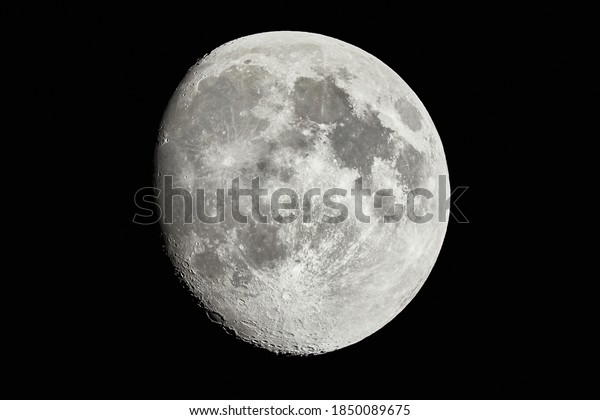 Moon detailed shot, taken at\
1600mm focal length, waxing gibbous phase, contrasty details,\
craters