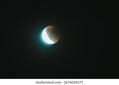 The moon during a partial lunar eclipse with a reddish-orange glow, often called the "blood moon," against a dark night sky,lunar eclipse, moon phases - Powered by Shutterstock - Get 15% off with code: PIKWIZARD15