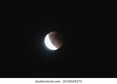The moon during a partial lunar eclipse with a reddish-orange glow, often called the "blood moon," against a dark night sky,lunar eclipse, moon phases