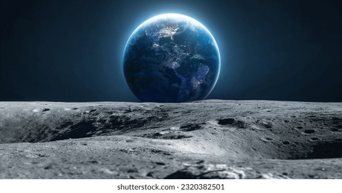 Moon and Earth. Moon with craters in deep black space. Moonwalk. Earth at night. Elements of this image furnished by NASA - Shutterstock ID 2320382501