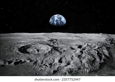 Moon and Earth images in single photo render in with the black background and sunlight