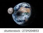 Moon, Earth and solar eclipse. The Moon’s shadow falls on Earth,  resulting in a partial, annular, or total solar eclipse. Elements of this image furnished by NASA.