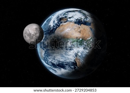 Moon, Earth and solar eclipse. The Moon’s shadow falls on Earth,  resulting in a partial, annular, or total solar eclipse. Elements of this image furnished by NASA.