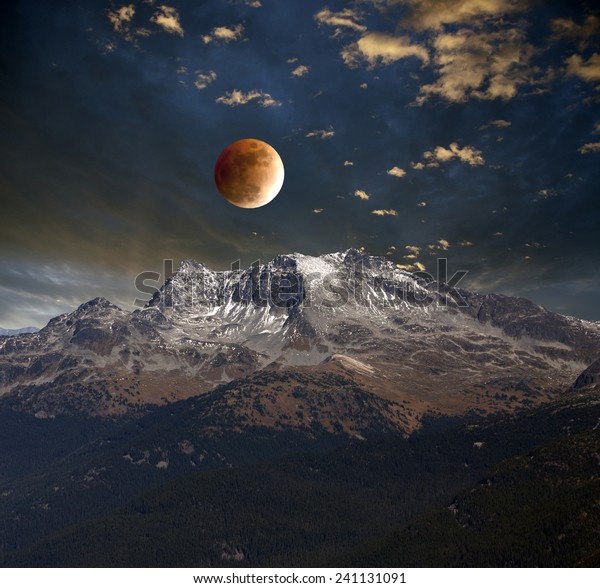 Moon\
Eclipse above mountains, abstract,\
illustration