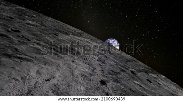 Moon with footprints and the Earth\
rising on the horizon. Evidence of people being there or great\
forgery. Elements of this image furnished by\
NASA.